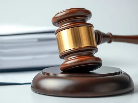 Hölzerner Richterhammer auf Untersatz, Symbol für Justiz, Gerechtigkeit und rechtliche Beratung für Kanzleien