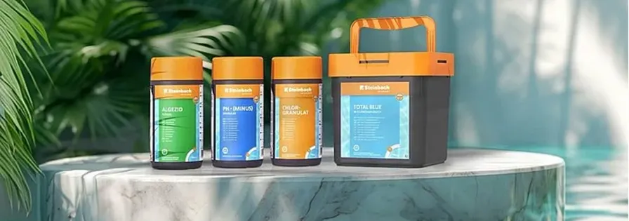 Steinbach Poolpflege-Set für klares Wasser: Algezid, pH-Minus, Chlor-Granulat und Total Blue Poolchemie