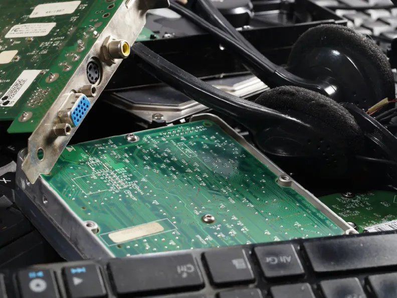 Haufen aus Elektroschrott mit Computer-Steckkarten, einer Festplatte, Kopfhörern und Tastatur