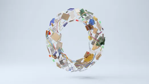 [KI-generiert] PreZero Vision für die Kreislaufwirtschaft: Ein aus recycelbaren Materialien geformter Kreis als Symbol für Zero Waste und nachhaltiges Ressourcenmanagement