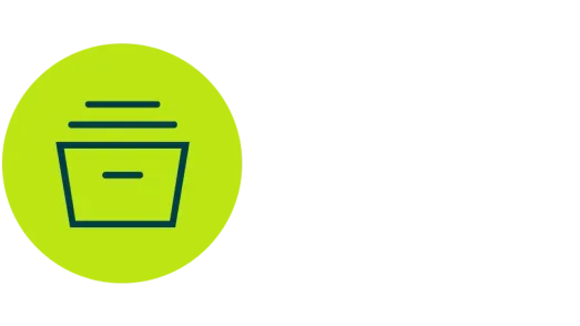 Dark blue icon of a filled container with stacked lids on a light green circle for industrial rHDPE applications