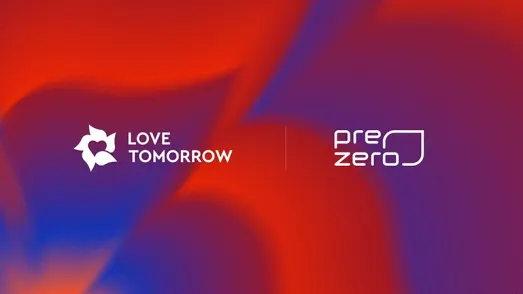 Kombilogo: "LOVE TOMORROW" und "PreZero" auf einem rot-blauen Verlaufshintergrund