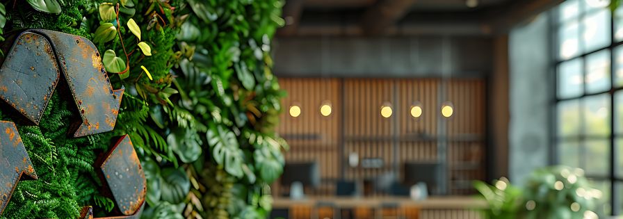 [AI-genererad] Grön vägg med återvinnings symbol på ett kontor.