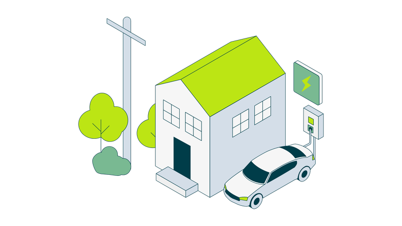 Illustration eines Hauses mit Wallbox & Strommast