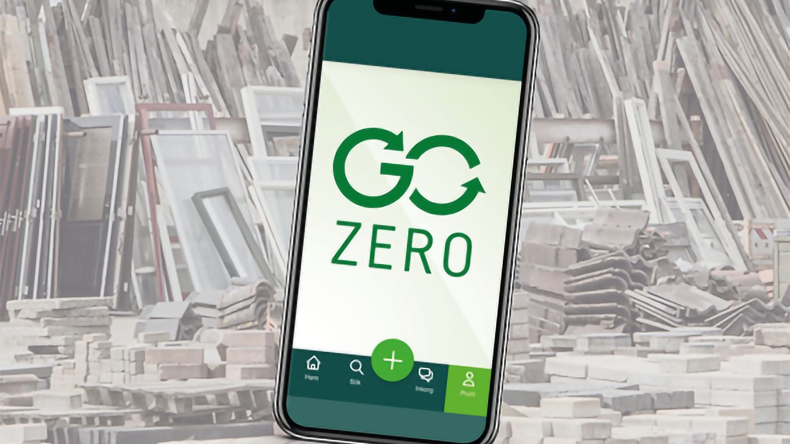 Mobil med GoZero-logotyp på skärmbilden. Återbruksbara byggvaror i bakgrunden.