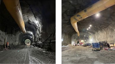 Collage med två bilder som visar tunnelbygge