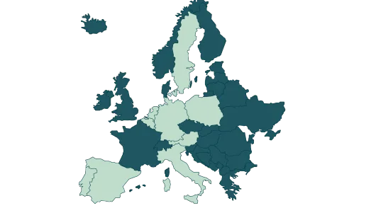 Karte von Europa, auf der ausgewählte Länder in Hellgrün hervorgehoben sind
