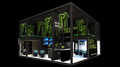 Zu sehen ist ein 3D-Rendering des PreZero-Messestandes auf der Hannover Messe 2024