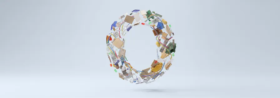 reZero Circular Economy: Nachhaltige Abfallwirtschaft und Recycling-Kreislauf symbolisiert durch schwebende Wertstoffe
