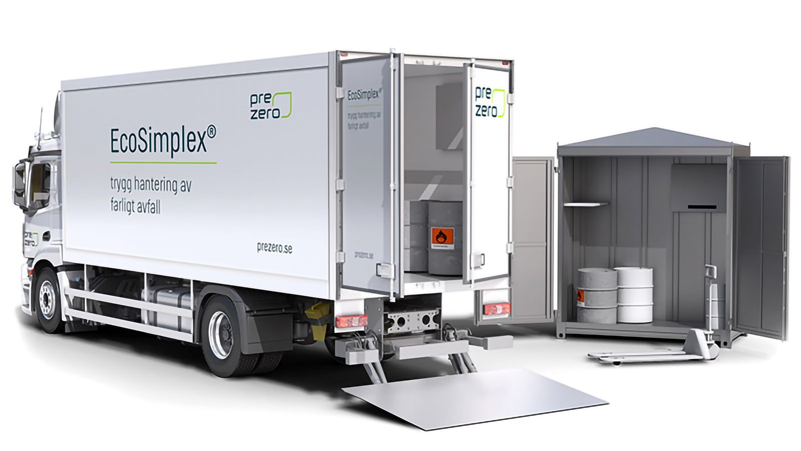 EcoSimplex fordon bredvid skåp för förvaring av kärl och tunnor med mera