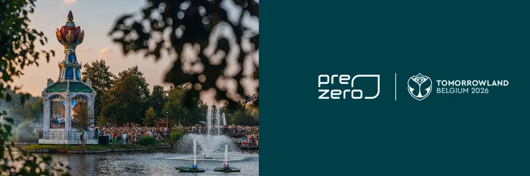 Festivalfoto an See; rechts die Logos von PreZero und Tomorrowland Belgium 2026
