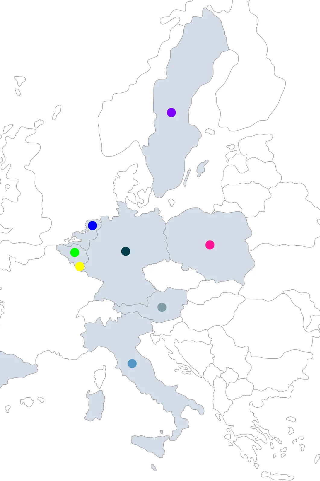 Europakarte mit farbigen Markierungspunkten in ausgewählten Ländern wie Deutschland, Spanien und Schweden