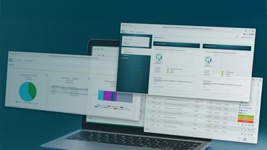 Laptop på bord med inklippta skärmvyer från programmet framför
