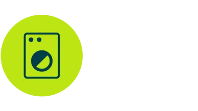 Dark blue washing machine icon on a light green circle for home appliance rPP applications