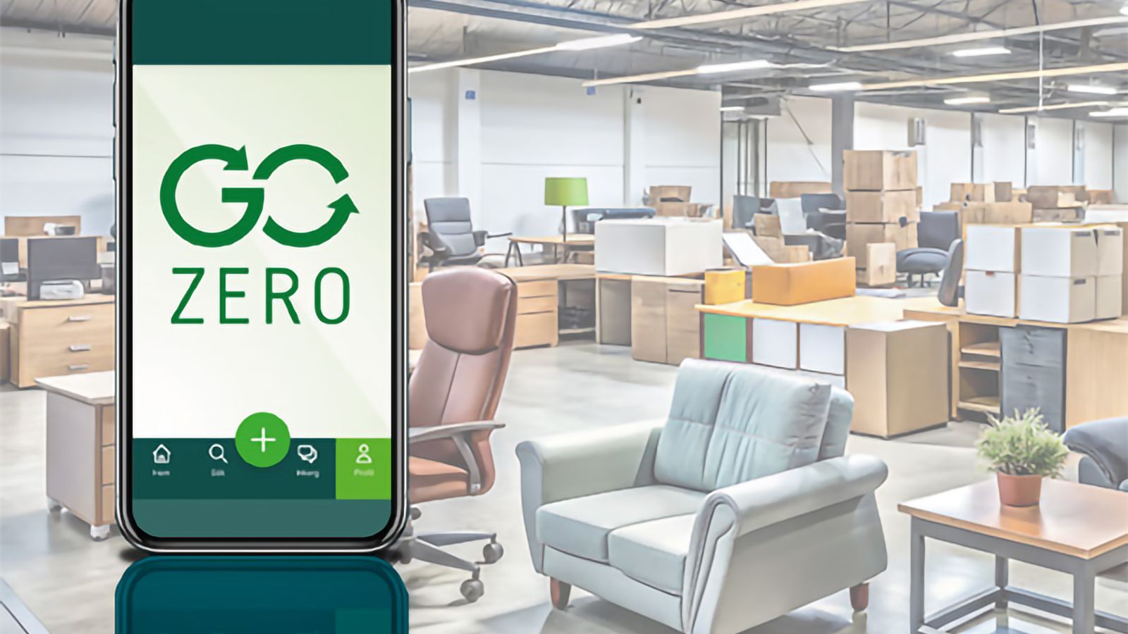 GoZero på mobilskärm, möbler i bakgrunden
