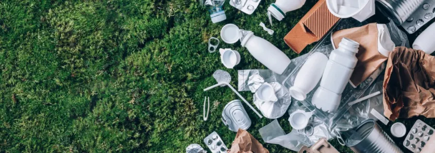 Verschiedene Verpackungsabfälle wie Plastikflaschen, Aludosen und Karton auf grünem Gras – Symbolbild für Recycling und das Duale System