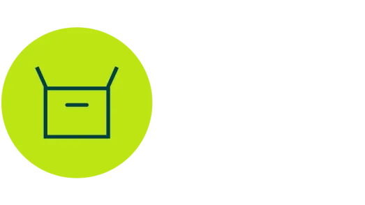 Dark blue icon of an open box with a handle on a light green circle, representing logistics rHDPE applications