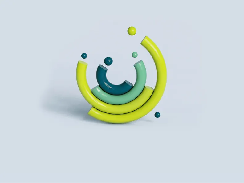 Abstrakte 3D-Grafik mit konzentrischen grünen Halbringen und schwebenden Kugeln vor hellem Hintergrund