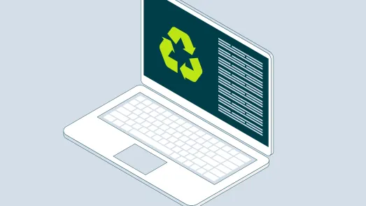 PreZero Infografik zur digitalen Kreislaufwirtschaft: Laptop-Illustration mit grünem Recycling-Symbol auf dem Bildschirm