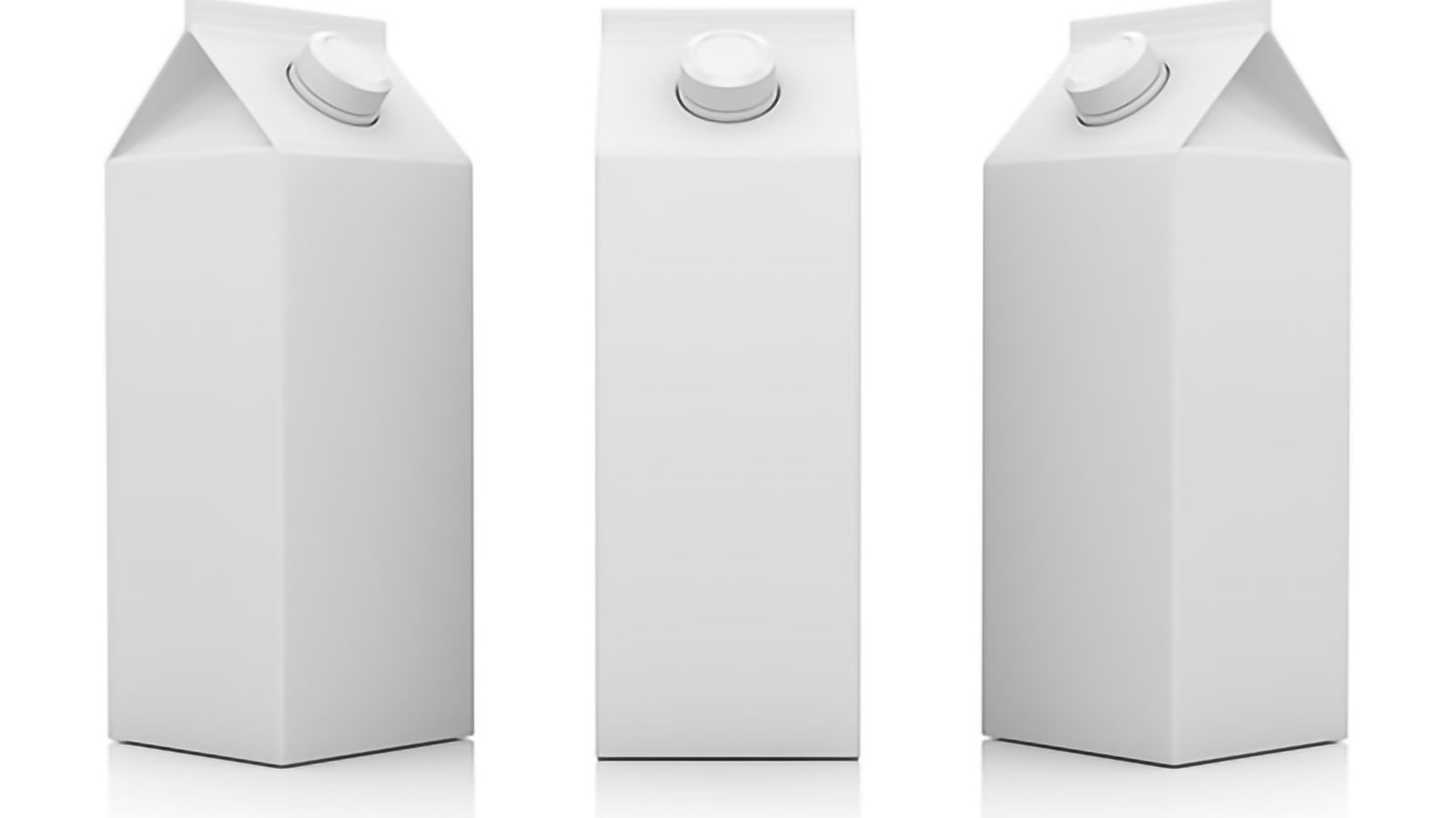 Tre helvita pappersförpackningar till exempelvis juice, mjölk och fil