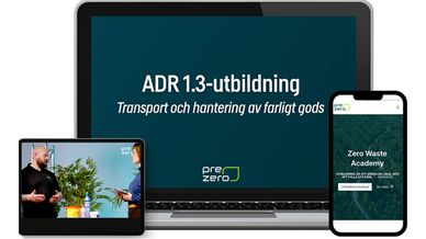 Skärm från laptop, padda och mobil som visar information om Zero Waste Academy