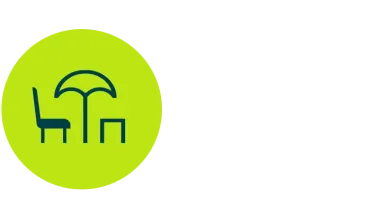 Dark blue chair, table and umbrella icon on a light green circle for outdoor rPP applications