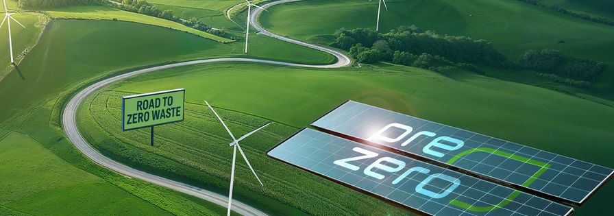 [AI-genererad] Grönt landskap med snirklig väg och skylt med texten Road to Zero Waste