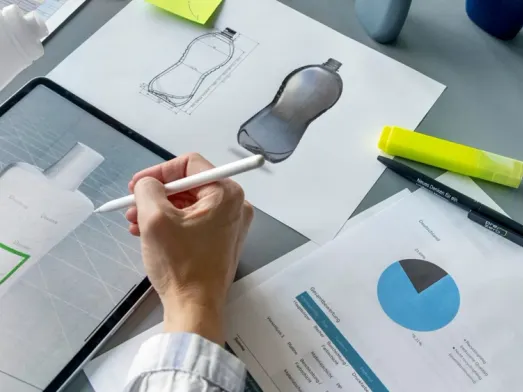 Hände entwerfen am Tablet ein Flaschendesign, umgeben von Skizzen, Daten und Plastikflaschen