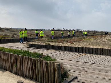 Colaboradores da PreZero Portugal caminham até às dunas para iniciar a limpeza da praia no world cleanup day