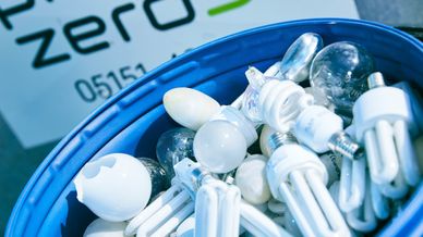 halogens lamp in a blue bin with the prezero logo in the background