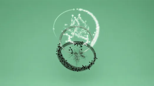 Eine abstrakte 3D-Illustration zum Thema Dekarbonisierung auf mintgrünem Hintergrund. Sie zeigt den Übergang von einem unteren, dunklen Ring mit schwarzen Molekülstrukturen (symbolisch für fossile Brennstoffe/CO2) hin zu einem oberen, leuchtend weißen Ring und einer schwebenden Lichtwolke mit einem kreisförmigen Pfeil, der den Prozess der Kreislaufwirtschaft und Reinigung darstellt