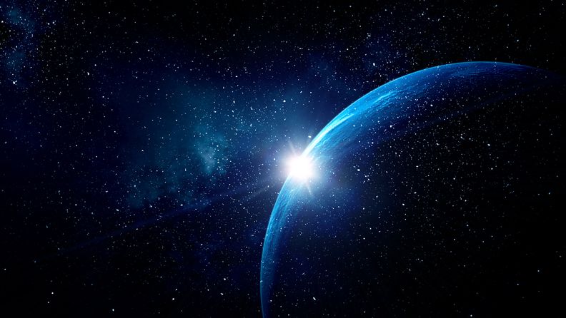 Planeten Jorden sedd från rymden, natt med stjärnor