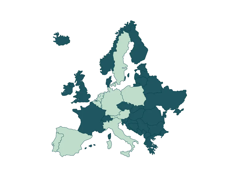 Karte von Europa, auf der ausgewählte Länder in Hellgrün hervorgehoben sind