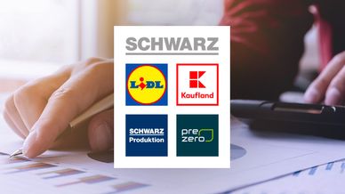 Im Hintergrundbild sieht man eine Hand, die einen Füller hält und auf einem Blatt Papier liegt, auf dem ein Balkendiagramm zu sehen ist. Mittig im Vordergrund liegt groß das Logo der Schwarz Gruppe.