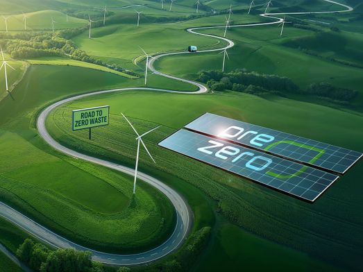 [AI-genererad] Grönt landskap med snirklig väg och skylt med texten Road to Zero Waste