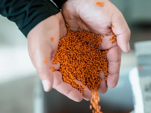 Hände halten recyceltes Kunststoffgranulat von PreZero Polymers