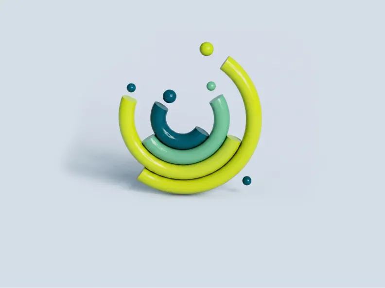 Abstract 3D graphic featuring concentric green semi-circles and floating spheres against a light grey background