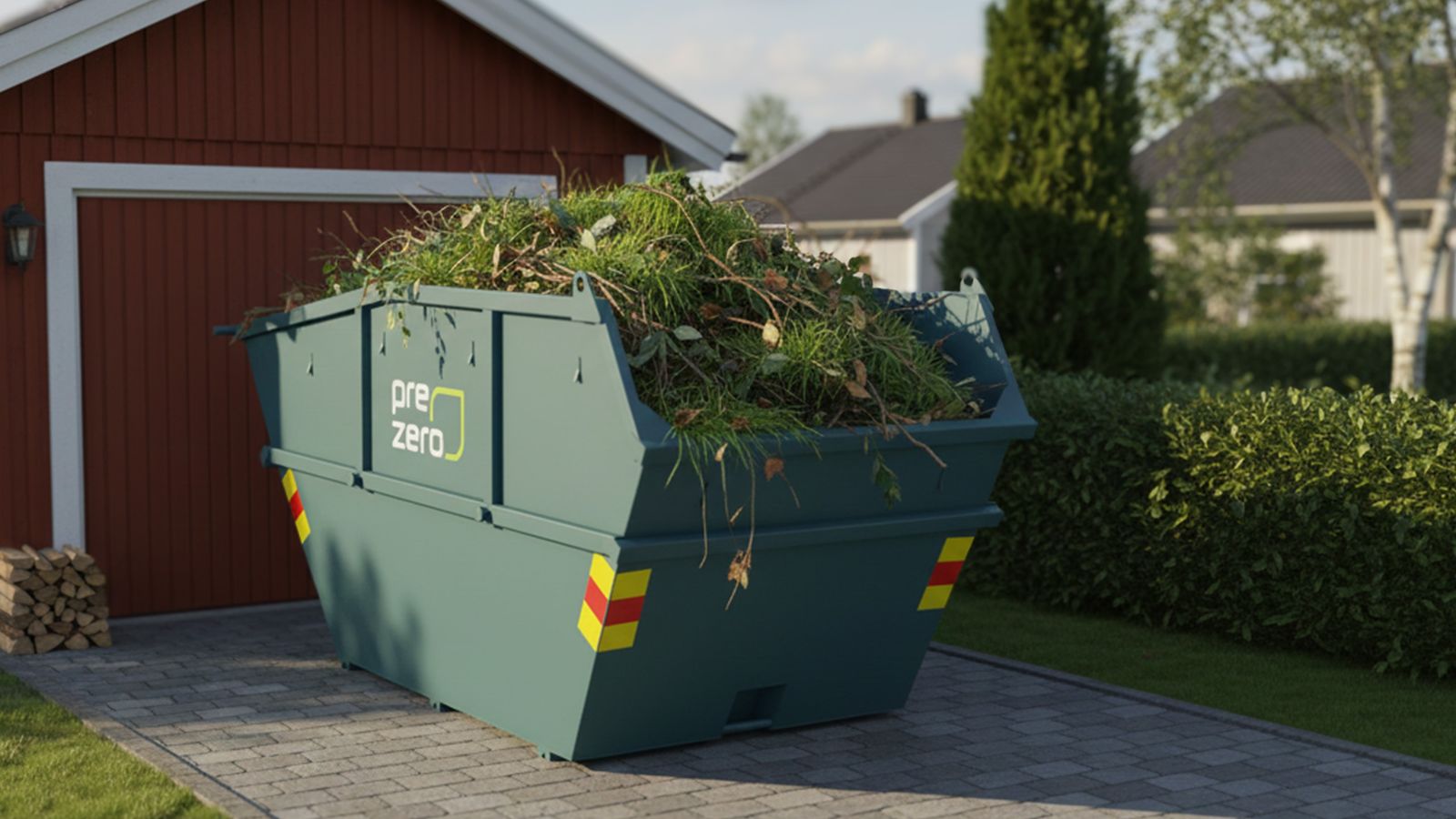 [AI-genererad] Container på en uppfart framför en villa.