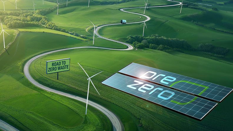 [AI-genererad] Grönt landskap med snirklig väg och skylt med texten Road to Zero Waste