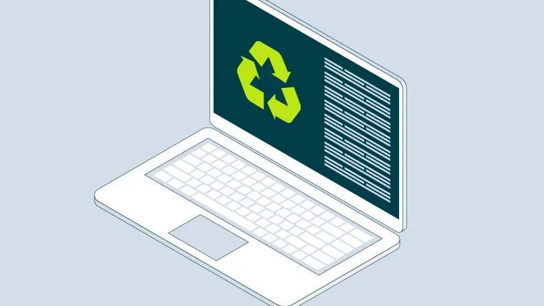 PreZero Infografik zur digitalen Kreislaufwirtschaft: Laptop-Illustration mit grünem Recycling-Symbol auf dem Bildschirm