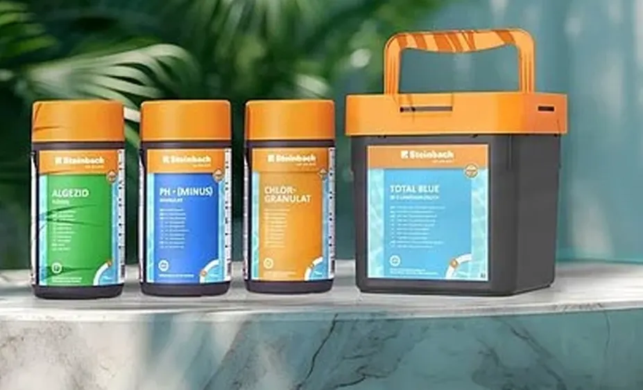 Steinbach Poolpflege-Set für klares Wasser: Algezid, pH-Minus, Chlor-Granulat und Total Blue Poolchemie