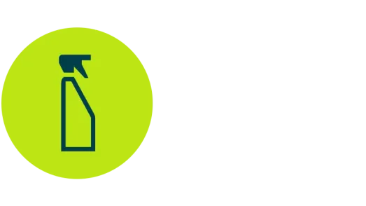 Dark blue spray bottle icon on a light green circle for cleaning product rHDPE applications