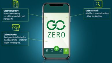 Mobil skärm med GoZero-logotyp, på sidorna information om funktioner i tjänsten