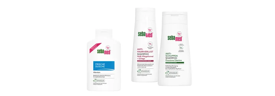Drei weiße Flaschen von Sebamed: Frische Dusche, Anti-Haarverlust- und Anti-Schuppen-Shampoo