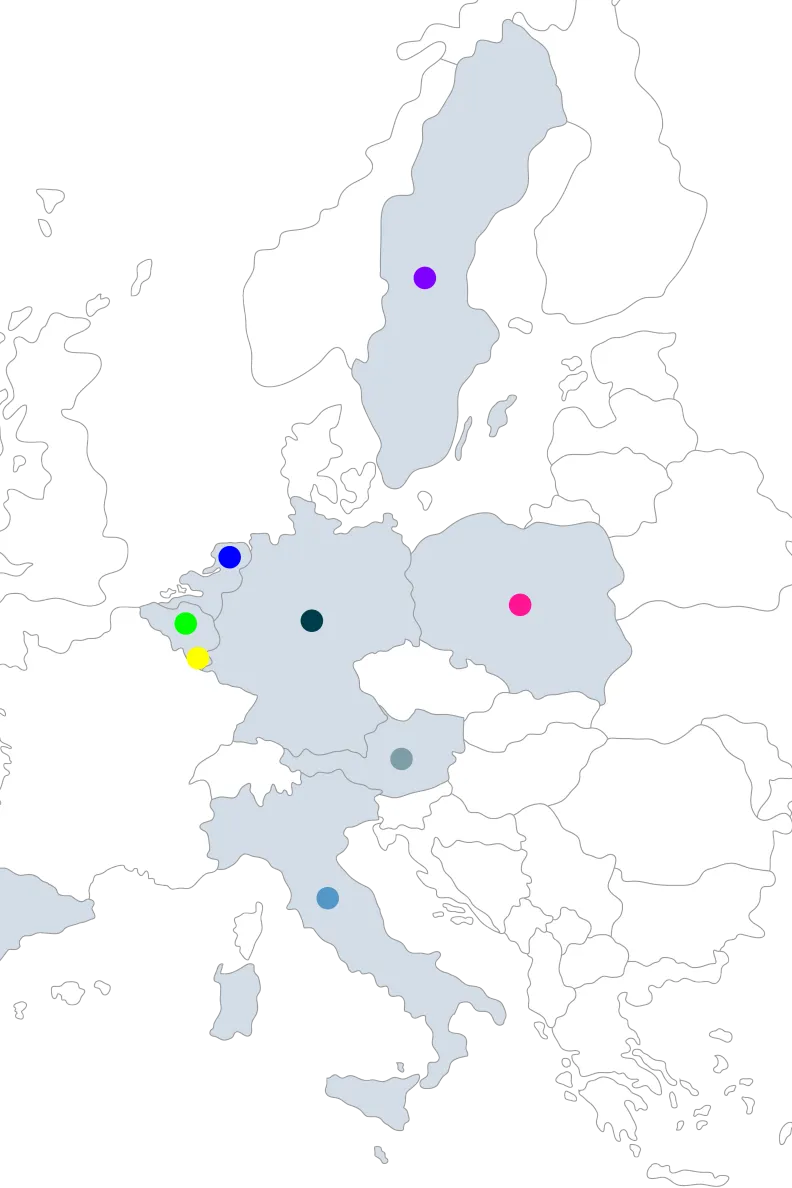 Europakarte mit farbigen Markierungspunkten in ausgewählten Ländern wie Deutschland, Spanien und Schweden