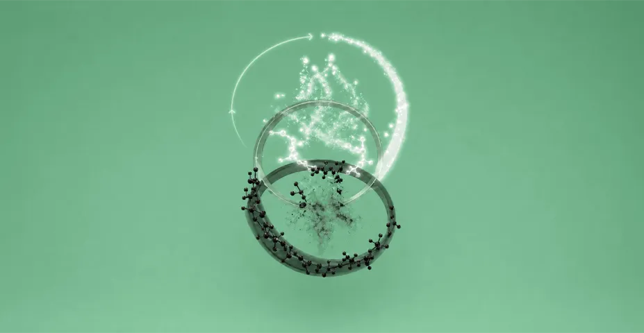 Eine abstrakte 3D-Illustration zum Thema Dekarbonisierung auf mintgrünem Hintergrund. Sie zeigt den Übergang von einem unteren, dunklen Ring mit schwarzen Molekülstrukturen (symbolisch für fossile Brennstoffe/CO2) hin zu einem oberen, leuchtend weißen Ring und einer schwebenden Lichtwolke mit einem kreisförmigen Pfeil, der den Prozess der Kreislaufwirtschaft und Reinigung darstellt