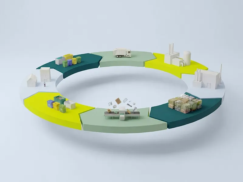 [KI-generiert] 3D-Grafik der Kreislaufwirtschaft: Effizientes Abfallmanagement, Recycling und Produktion als Kreislauf-Prozess