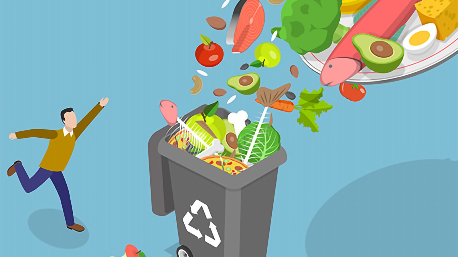 Illustration på stora mängder matavfall som hälls i matavfallskärl