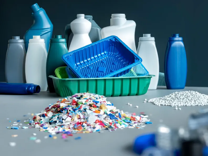 Various plastic packaging, recycled flakes, and pellets demonstrating the PreZero circular economy and recycling process