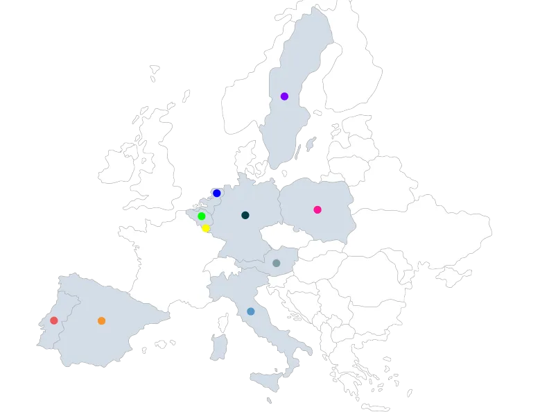 Europakarte mit farbigen Markierungspunkten in ausgewählten Ländern wie Deutschland, Spanien und Schweden